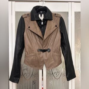 Soia & Kyo SUPPLE Two-Tone Leather Moto Jacket - Black & Taupe XS